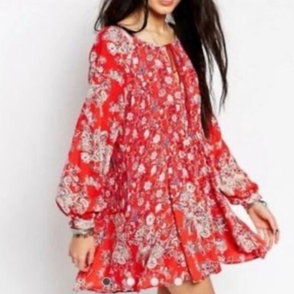 Free People Lucky Loosey‎ Boho Womens Tunic Dress Size xs  Floral Red Flowy